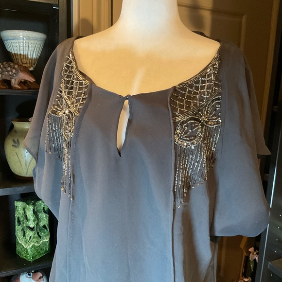 “ZARA” Grey Beaded Tunic Flutter Sleeve Chiffon Tunic Top. - Picture 3 of 15